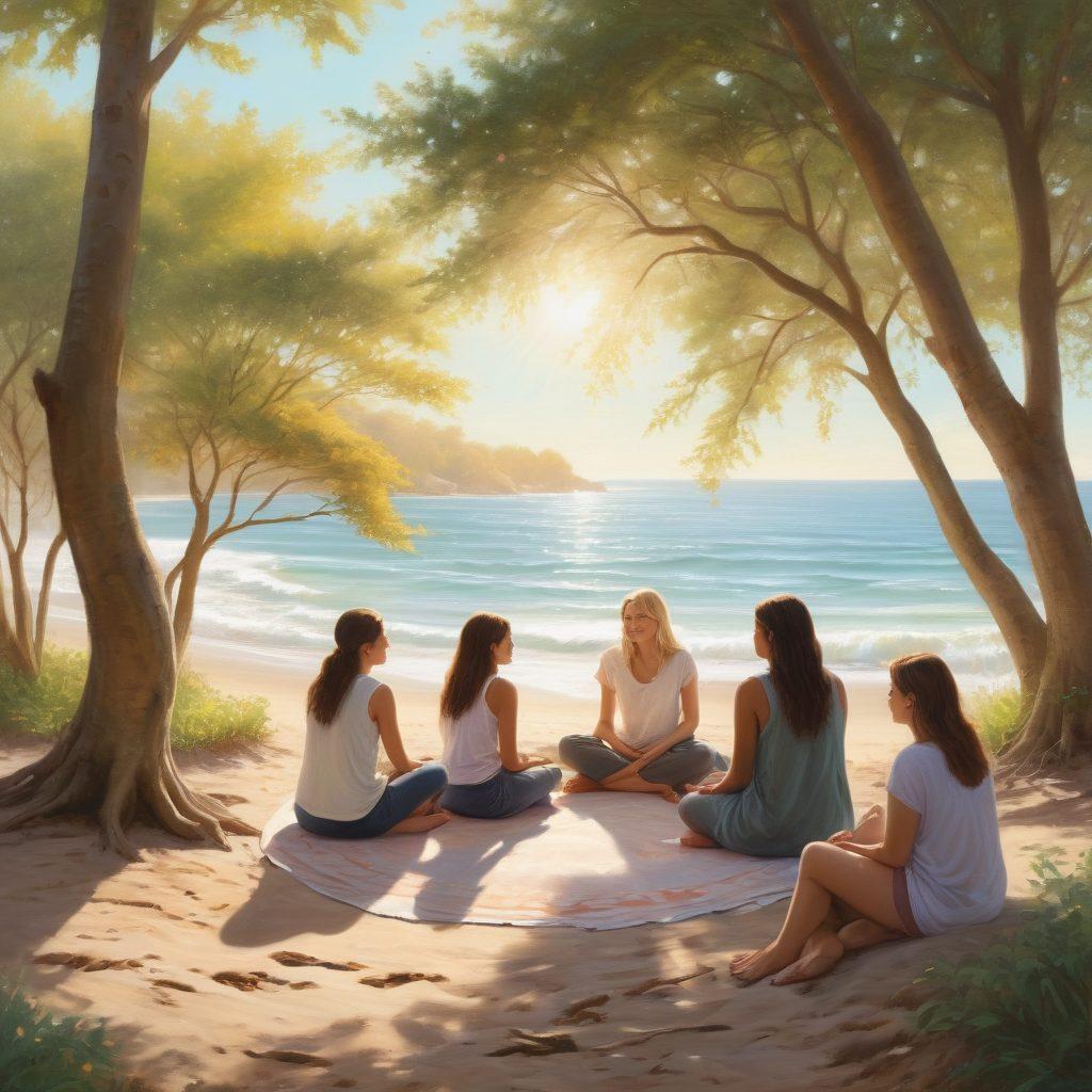 A serene scene depicting a diverse group of people sitting in a circle, sharing their stories with warm smiles and open expressions. Soft sunlight filters through trees, creating a cozy ambiance. In the background, gentle waves lapping against a shore symbolize emotional healing. The color palette features soft pastels to evoke warmth and connection. super-realistic. vibrant colors.