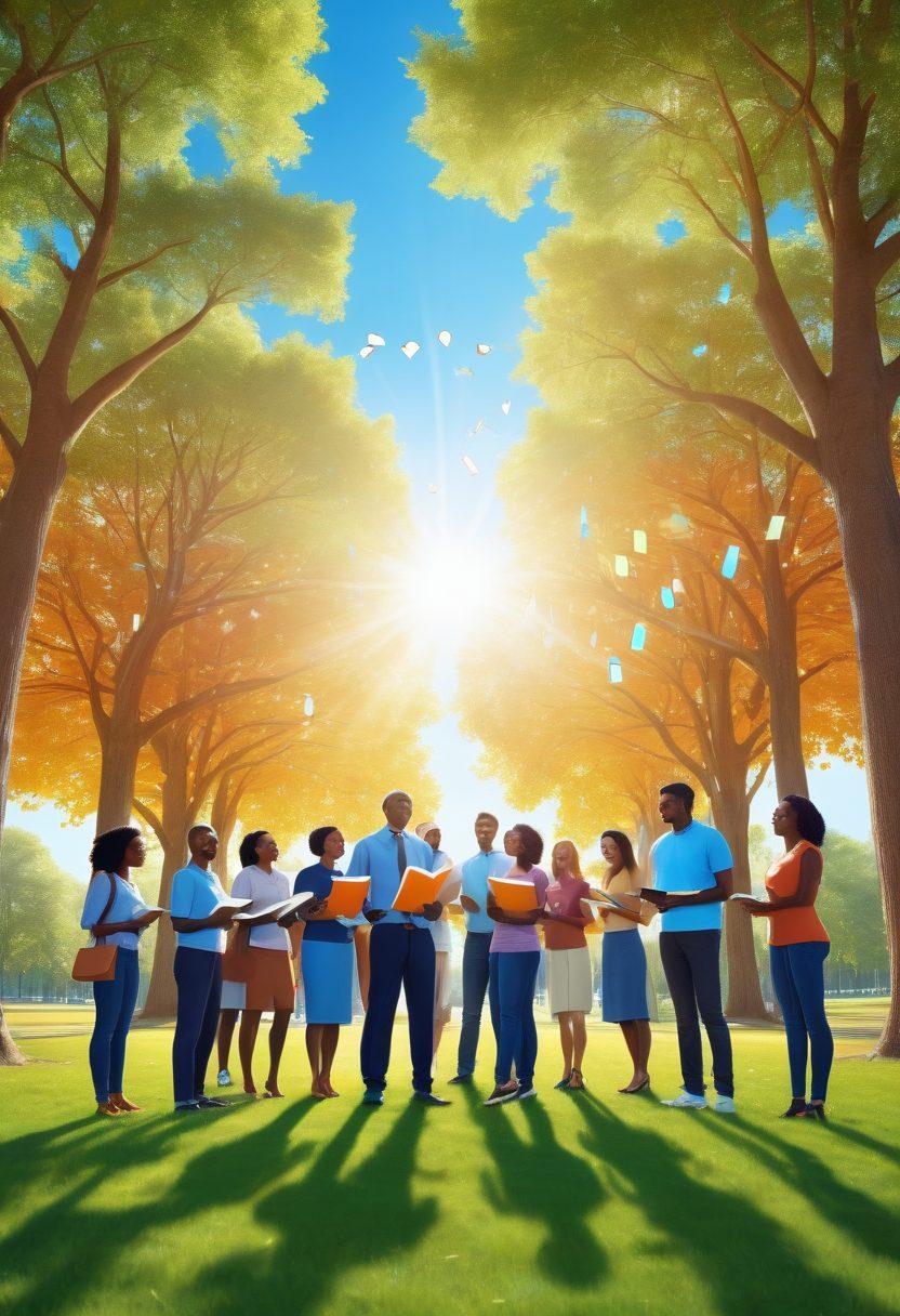 A vibrant illustration depicting a diverse group of people standing together, smiling and sharing ideas in a sunlit park, symbolizing trust and transparency. Include elements such as open books or light bulbs illuminating their heads, representing knowledge and upliftment. The background showcases bright trees and a clear blue sky, enhancing the cheerful atmosphere. 3D style. vibrant colors.