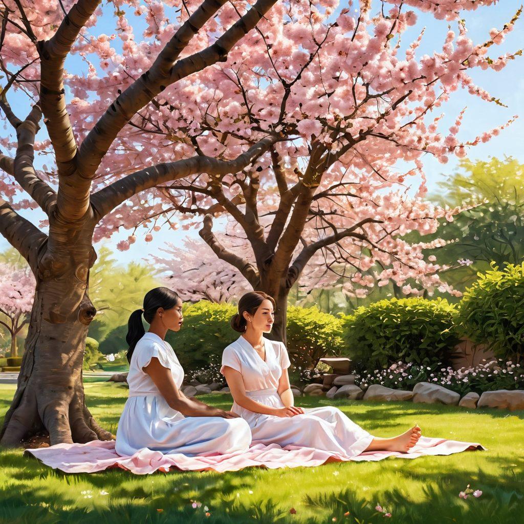 A serene garden scene depicting two individuals sharing a heartfelt conversation under a blooming cherry blossom tree, symbolizing authentic connections. Soft sunlight filters through the petals, highlighting their emotional expressions and warmth. In the background, subtle hints of vibrant flowers and greenery add depth and tranquility. Illustration style: super-realistic. vibrant colors. dreamy atmosphere.